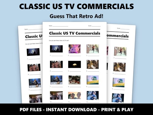 Classic US TV Commercials picture quiz sheet preview