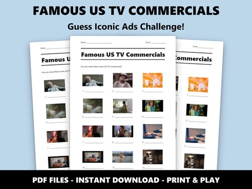 Famous US TV Commercials picture quiz sheet preview