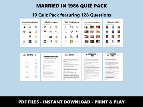 Married in 1986 Quiz Pack – 40th ruby anniversary quiz bundle