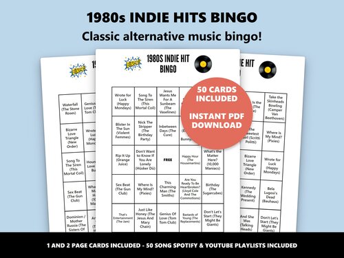 1980s Indie Hits Bingo music bingo game