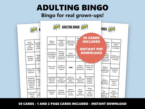 Adulting Bingo grown-up life bingo game