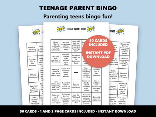 Teenage Parent Bingo parenting teens bingo game