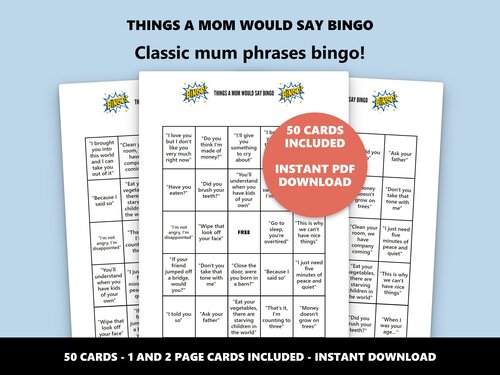 Things a Mom Would Say Bingo classic mum phrases bingo game