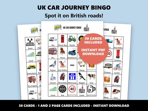 UK Car Journey Bingo British road trip spotting game