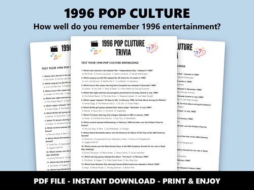 1996 Pop Culture multiple choice quiz – 30th birthday film and music