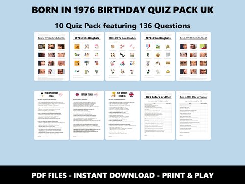 Born in 1976 Birthday Quiz Pack UK – 50th birthday trivia bundle