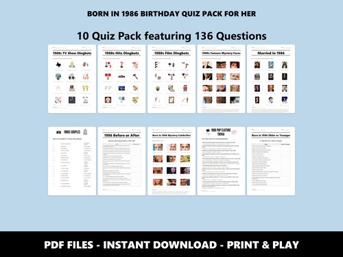Born in 1986 Birthday Quiz Pack For Her – 40th birthday