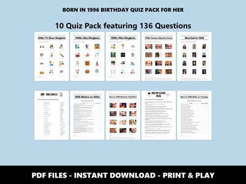 Born in 1996 Birthday Quiz Pack For Her – 30th birthday