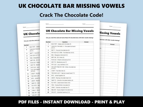 UK Chocolate Bar Missing Vowels quiz sheet preview