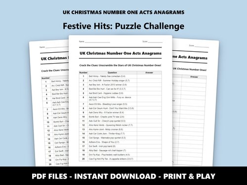 UK Christmas Number One Acts Anagrams quiz sheet preview