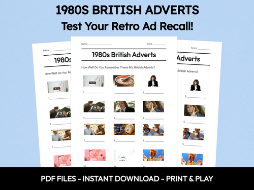 1980s British Adverts picture quiz sheet preview