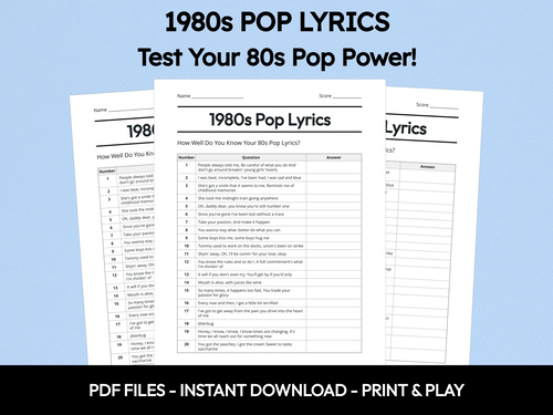 1980s Pop Lyrics quiz sheet preview