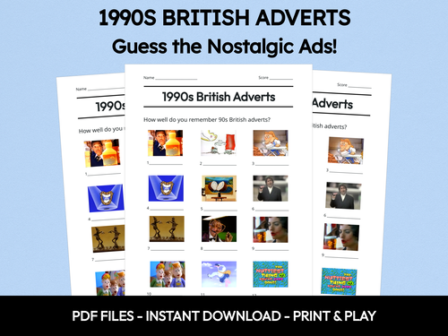 1990s British Adverts picture quiz sheet preview