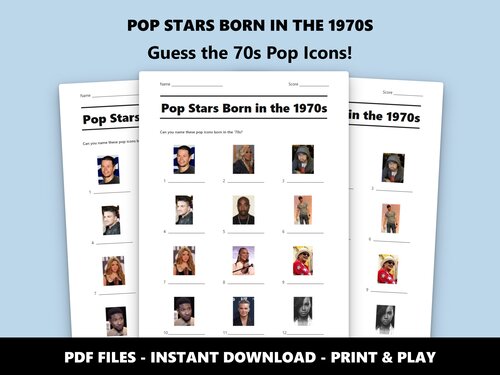Pop Stars Born in the 1970s picture quiz sheet preview