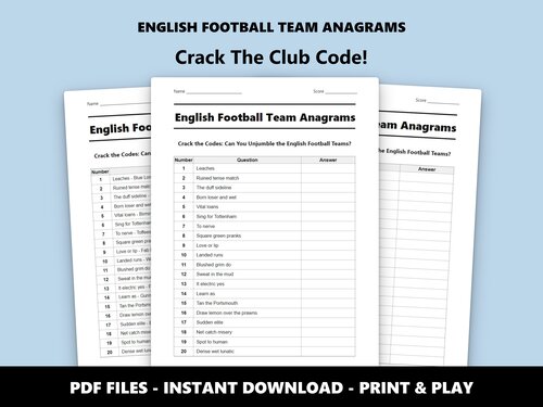 English Football Team Anagrams quiz sheet preview