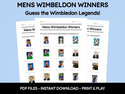 Men's Wimbledon Winners picture quiz sheet preview
