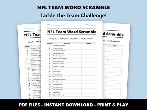 NFL Team Word Scramble quiz sheet preview