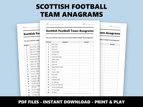Scottish Football Team Anagrams quiz sheet preview
